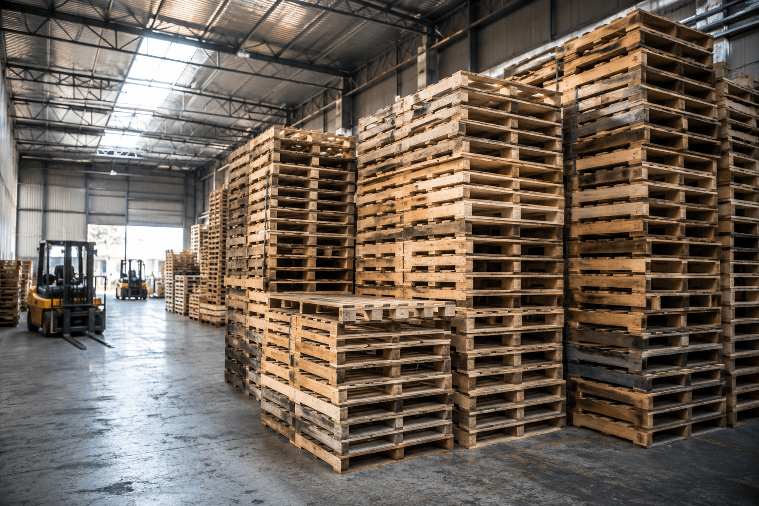 Sorted recycled pallets stacked in the warehouse with a forklift