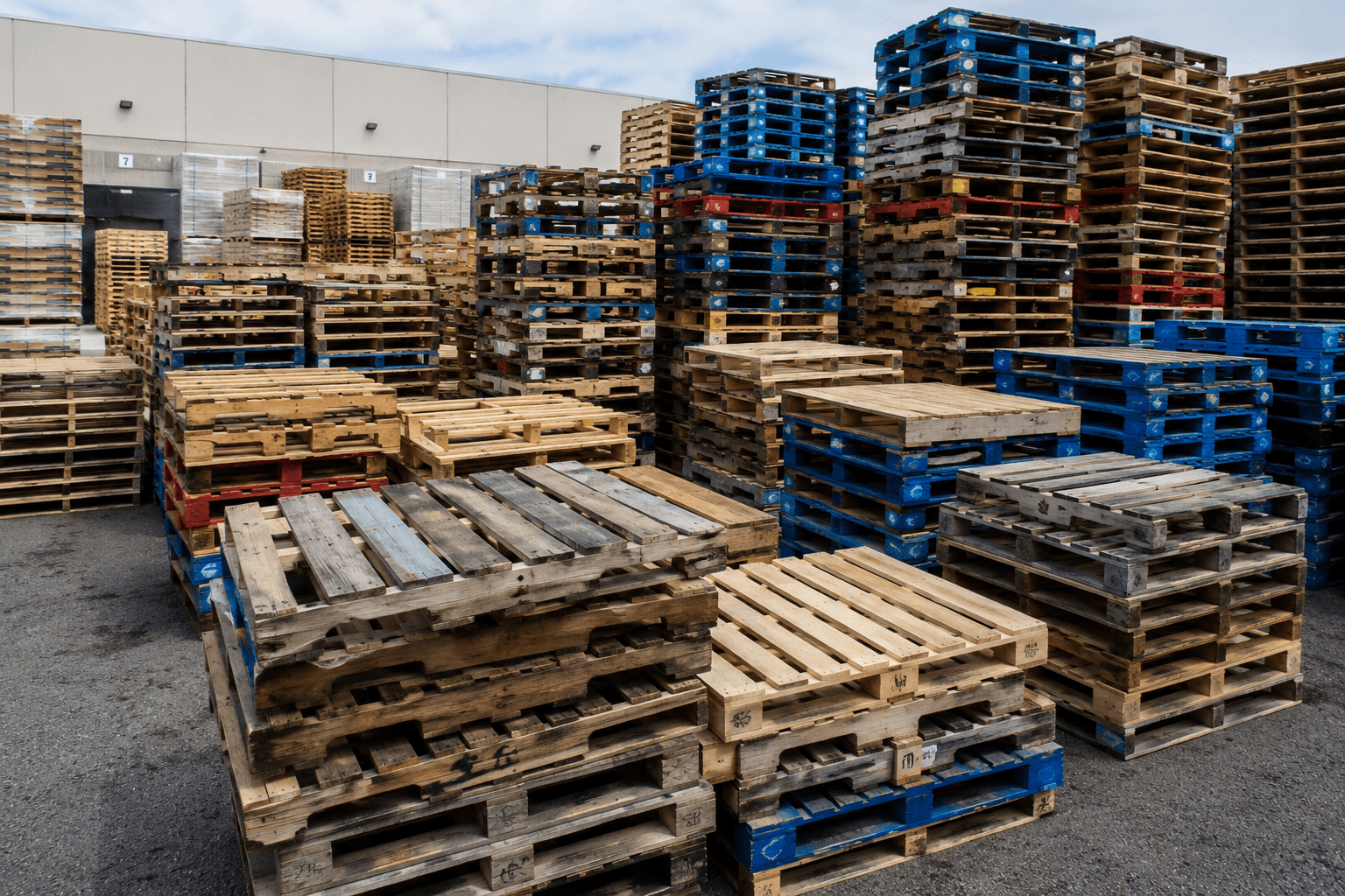 Mixed recycled and painted pallets in the outdoor yard