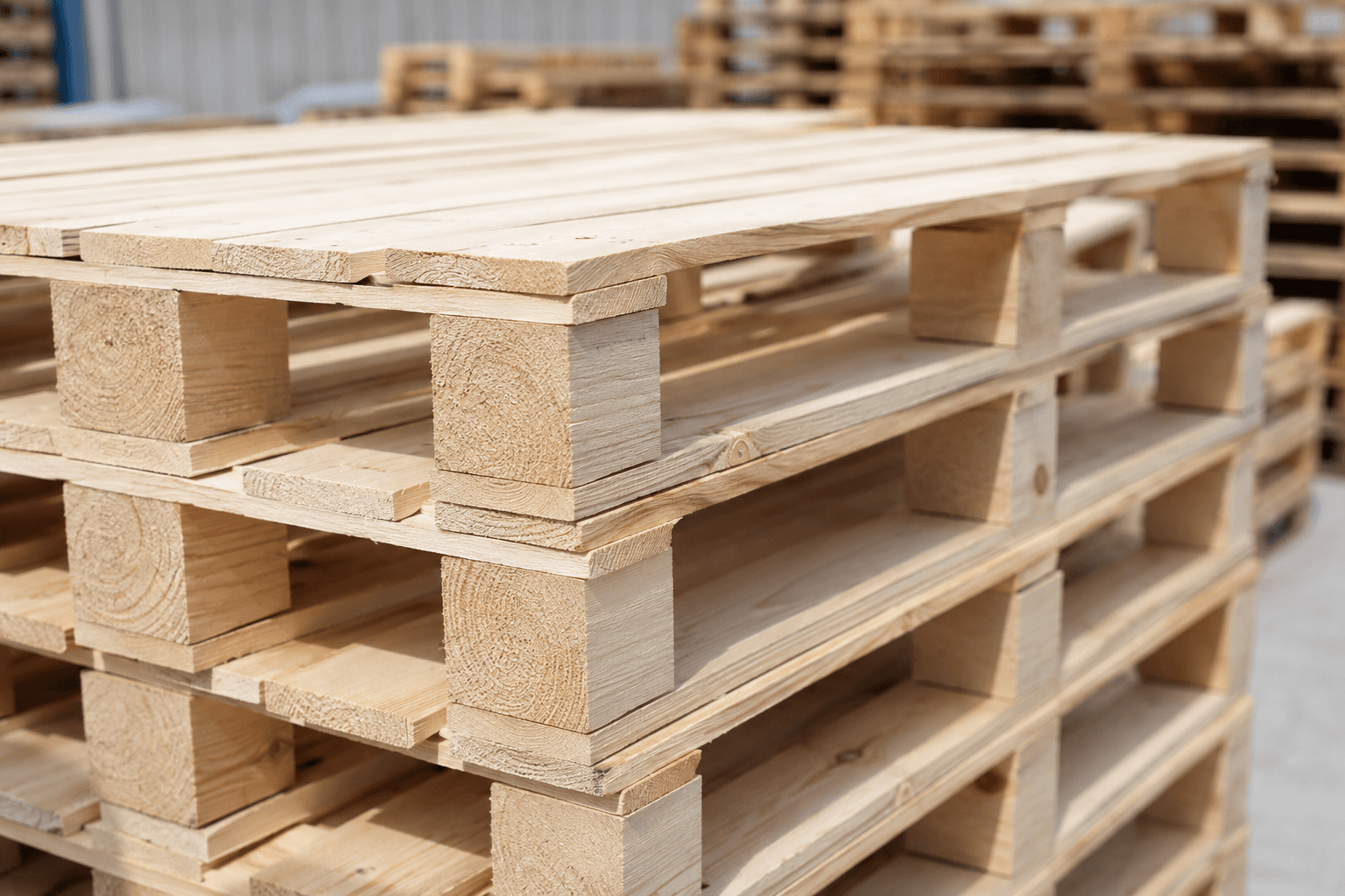 Close-up of clean, near-new stringer pallets ready to ship