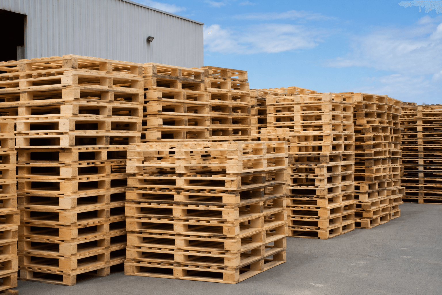 Rows of graded wooden pallets under a blue Arizona sky