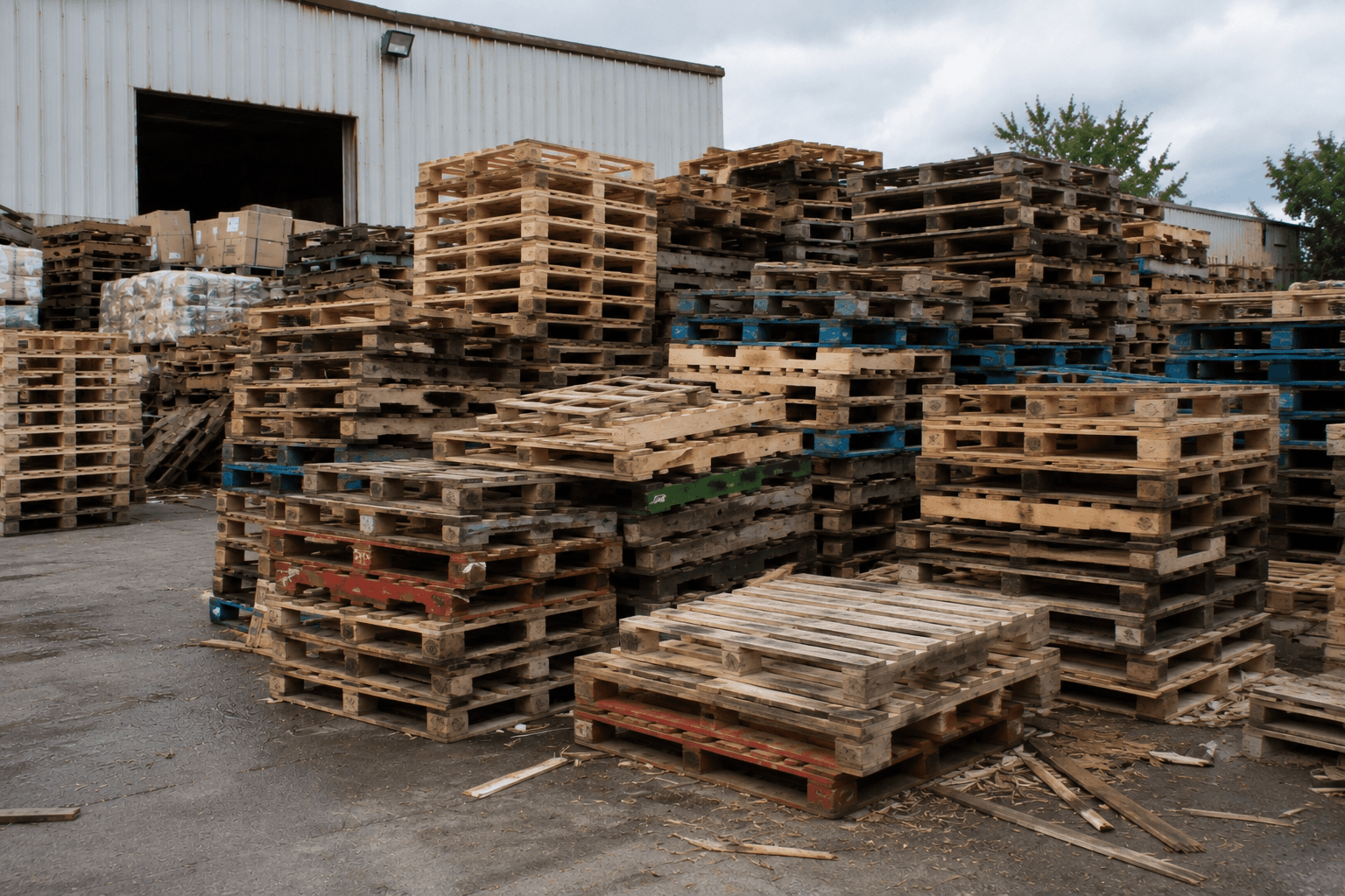 Cores and broken pallets staged for repair and recycling