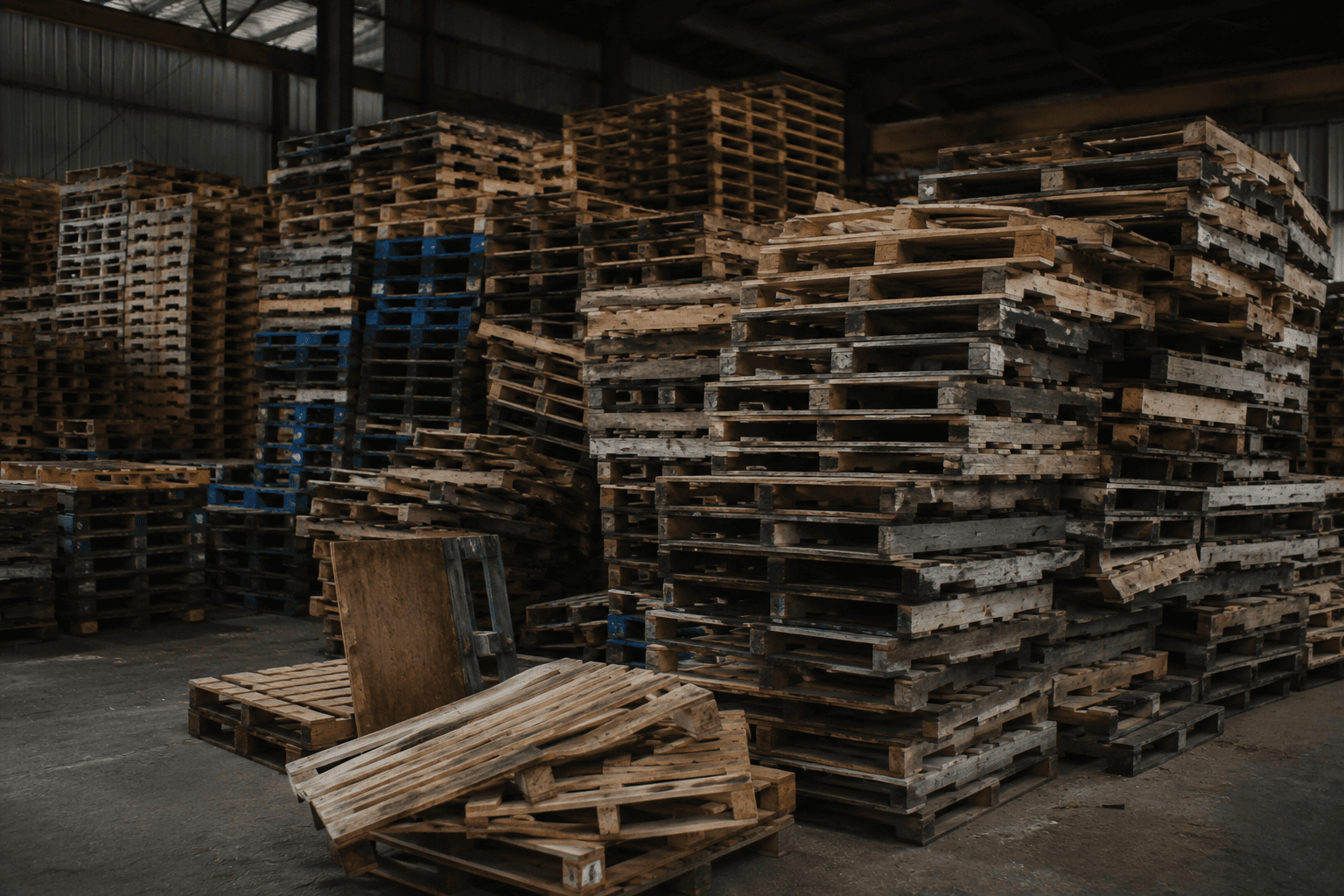 Warehouse full of reclaimed wooden pallets
